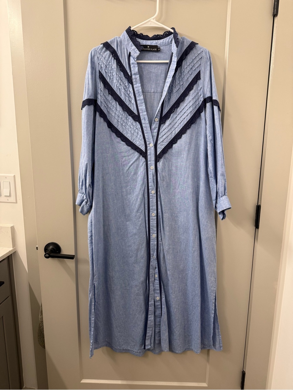 Pomander Place Light Blue Maxi Dress with Navy Trim